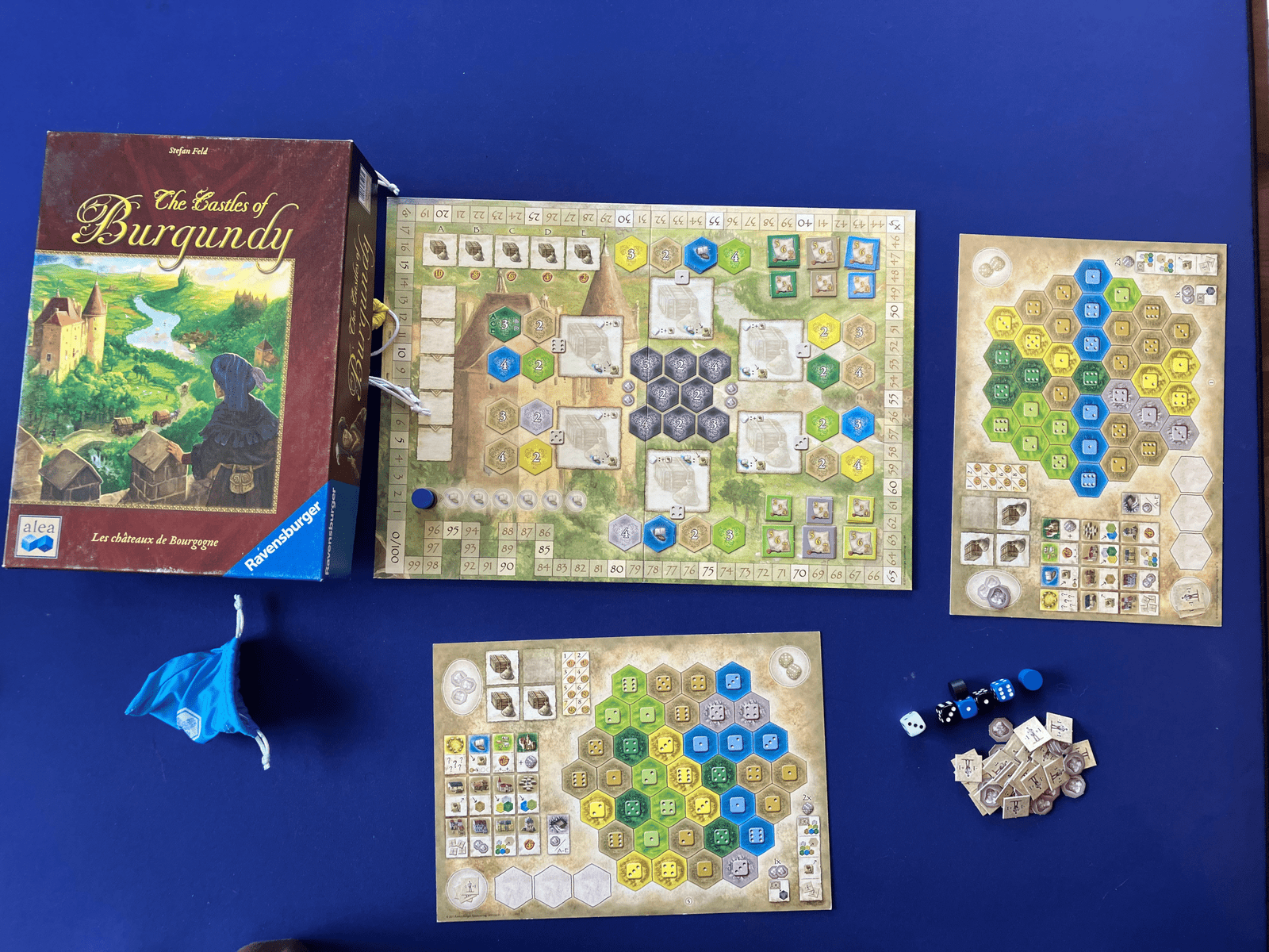 Castles of Burgundy board game box and components