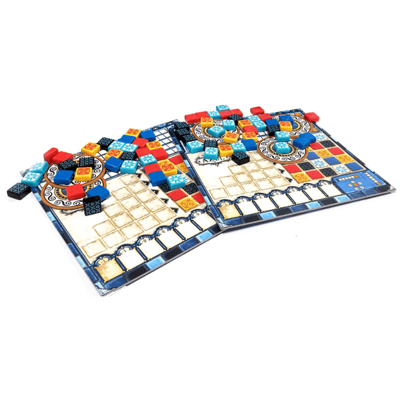 Azul’s two player boards with brightly colored tiles sprinkled haphazardly