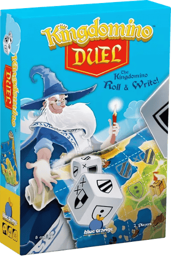 Kingdomino Duel Box, showing a wizard rolling dice