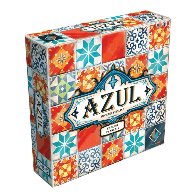  A brightly colored board game box for Azul, with patterned squares behind the Azul banner