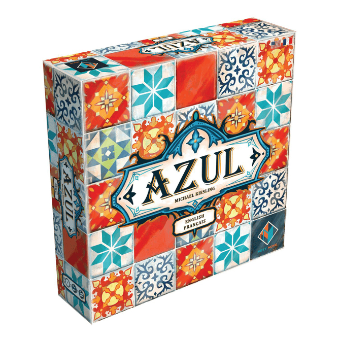 A brightly colored board game box for Azul, with patterned squares behind the Azul banner