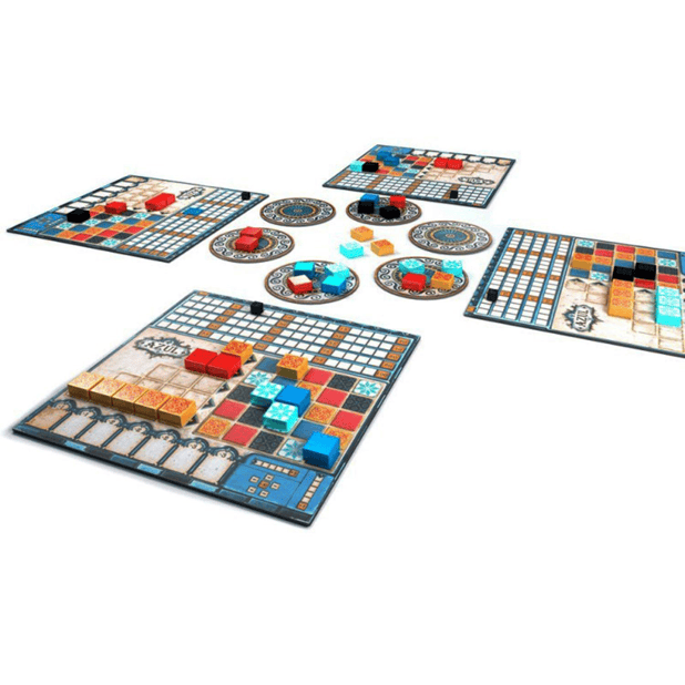 Four Azul player boards surrounding six circle boards in the centre. All hold some Azul tiles on them, showing a game in progress
