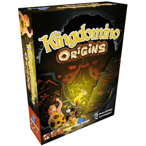 Box for Kingdomino origins, which shows two early people illuminating a volcano in yellows and reds.