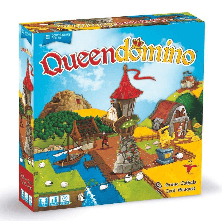 The box for Queendomino, showing a queen in a tower above square based kingdom patches. The style is illustrative.