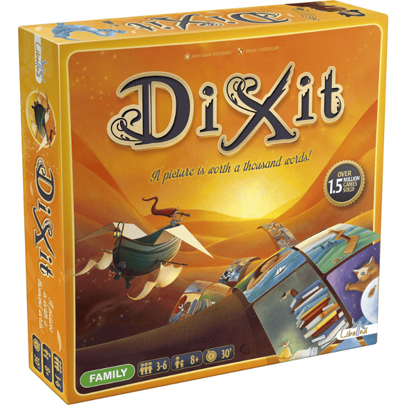 The game box for Dixit, which reads “A picture is worth a thousand words!” and shows illustrated cards following through the sand, with a ship floating alongside.The style is whimsical.