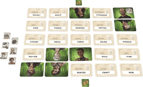 Cards laid out in a 5x5 grid, with a few showing a character with a green background, and tokens surrounding them, Codenames Duet looks alot like Codenames, but with some extra token options.