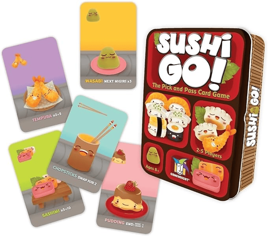 Sushi Go tin and a few examples of cards from the game