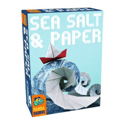Sea Salt and Paper - The box for the card game Sea Salt and Paper, it’s a small box with an origami wave and boat, and lettering that looks like it’s from folded paper