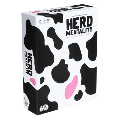 The box for Herd Mentality – a white box with black patches to look like a cow (which are textured in real life