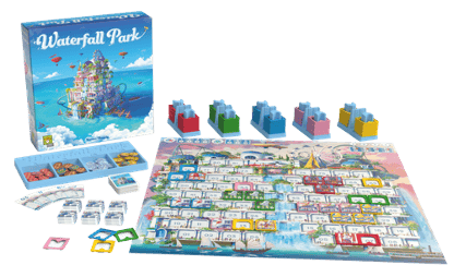 Waterfall Park - The box of Waterfall Park, showing a construction in the middle of the sea in whimsical art, behind the components laid out. It’s extremely colorful!