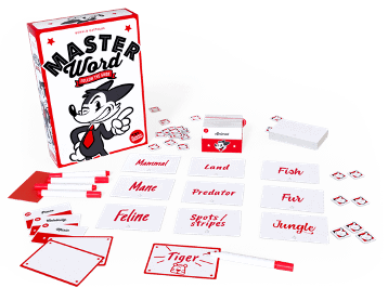 Master Word - The box for Master Word, showing a cartoon character winking, and the components laid out in front of it. The clue is Animal, and the words lead down to finding Tiger as the correct one.