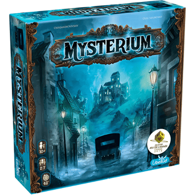 Mysterium - A blue board game box, with an old 1920s style car heading through town towards a spooky looking Manor in the background