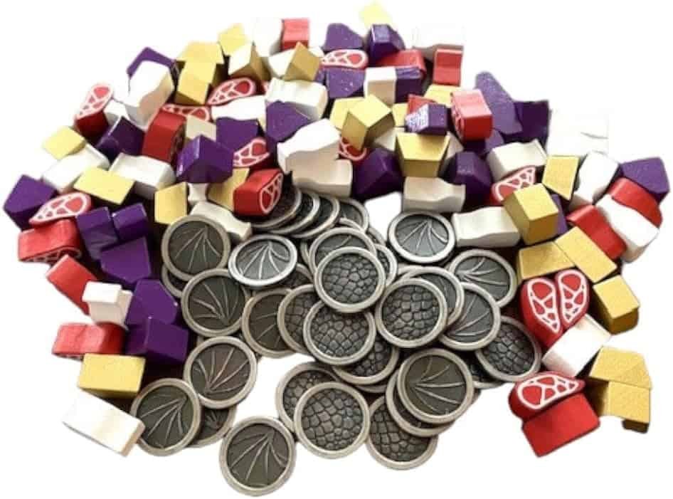 Stonemaier Games: Wyrmspan Metal Coins and Wooden Resources – 45 Count Coins, 104 Count Resources